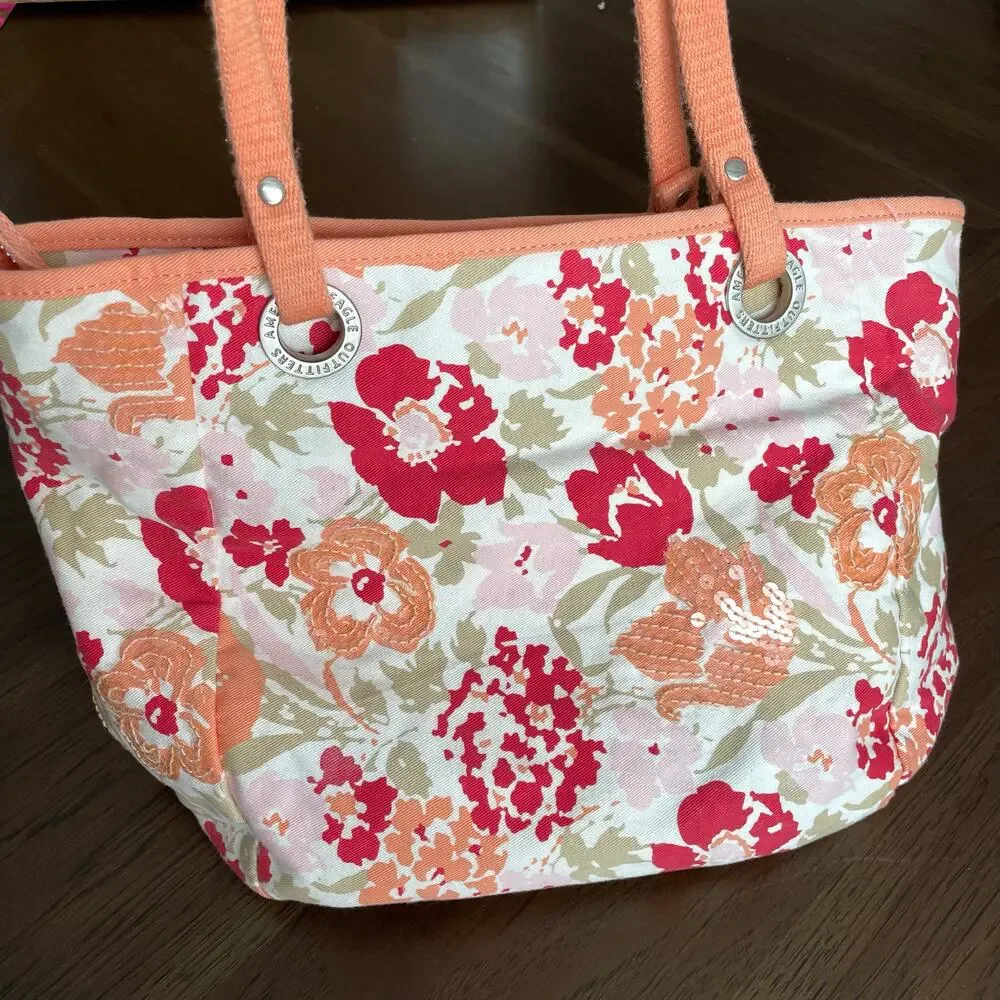 American Eagle Floral Sequined Canvas Tote Bag Cloth Shoulder Salmon Peach